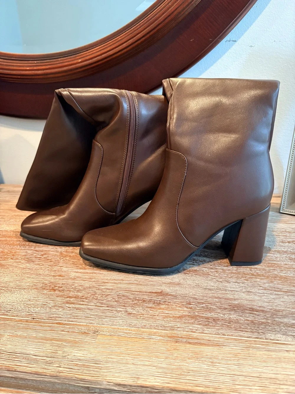 Tall, Dark Brown Women's Faux Leather, Square Toe, Chunky Heel Boots - Picture 2 of 5